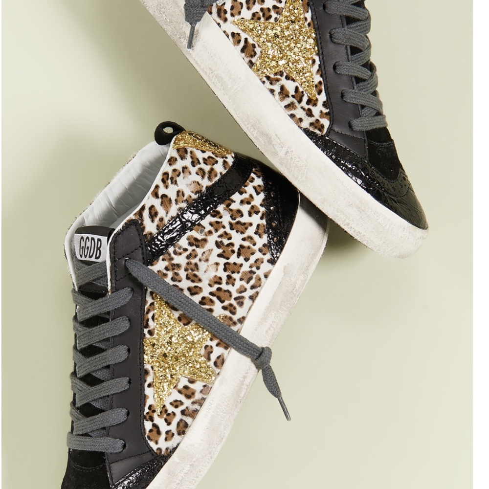 Golden Goose Mid Star Leopard Pony Hair with Gold Glitter Size 41